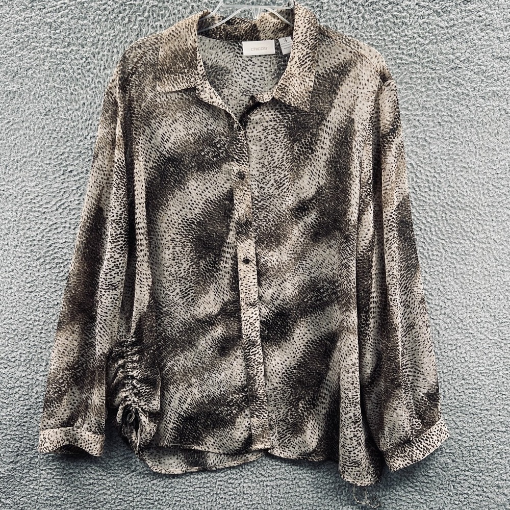 Chicos Womens Top XL Sheer Animal Print Minimal Button Front Neutral Lightweight